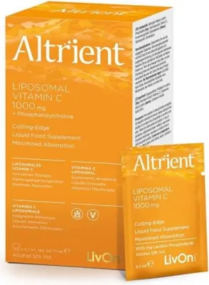 A box and a sachet of Altrient Liposomal Vitamin C.