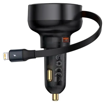 Immagine prodotto di Caricabatterie da auto Baseus da 55 W con cavo Lightning integrato - Nero
