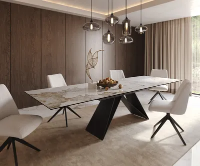 Produktbild von DELIFE Esstisch Edge 200-300x100 Keramik Minas Melange Weiß-Beige V-Gestell Flachstahl Schwarz ausziehbar