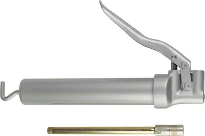 A silver grease gun with a gold extension tube is shown against a white background.