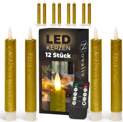 Produktbild von Stabkerzen LED mit Timer GOLD 12 Stück indoor 6 Stunden ECHTWACHS 18cm Höhe für Kerzen 2,2cm Durchmesser 2 AAA Batterien notwendig LED Stabkerzen 4er Set GOLD (drei Mal) bewegliche Flamme Licht