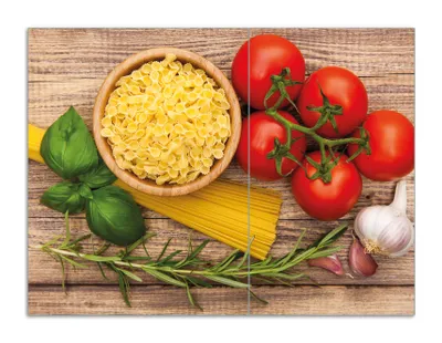 Produktbild von Wallario Herdabdeckplatte aus Glas, Größe 70 x 52 cm 2-teilig, Motiv Spaghetti mit Tomaten, Knoblauch und Basilikum