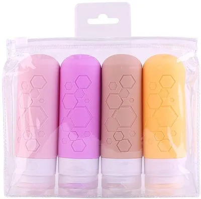 Image de Flacons de voyage en silicone 90 ml - lot de 4, étanches et rechargeables - écologiques - Flacons de voyage « Travel-On-The-Go » pour trousse de toilette, shampoing, après-shampoing et gel douche - Accessoires de voyage