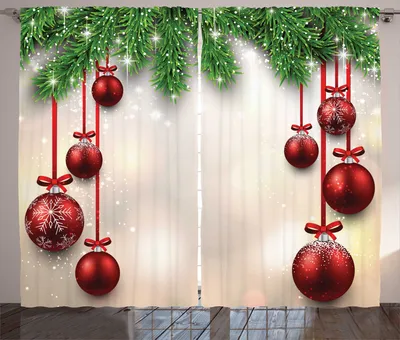 Produktbild von ABAKUHAUS Weihnachten Rustikaler Vorhang, Rote Kugeln Bänder, Wohnzimmer Universalband Gardinen mit Schlaufen und Haken, 280 x 225 cm, Grün Rot