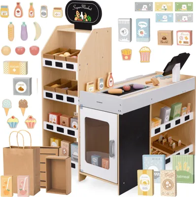 A collection of images showing a wooden toy supermarket stand with various accessories.