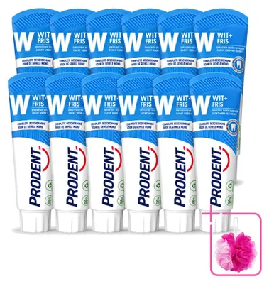 Imagen del producto de 12 unidades de pasta dental Prodent Wit + Fris, protección completa, 75 ml, pack ahorro