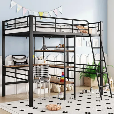 Zdjęcie produktu dla Łóżko piętrowe Merax loft 90x200cm, żelazne łóżko z biurkiem, półkami, poręczami, łóżko dziecięce, łóżko młodzieżowe, łóżko piętrowe do pokoju dziecięcego, czarne