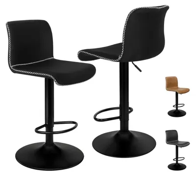 Produktbild von Barhocker 2er-Set, gepolstert, drehbar, höhenverstellbar, mit Rückenlehne, Leinen, Schwarz