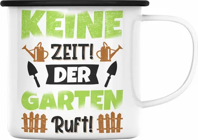 Produktbild von Trendation - Gärtner Emaille Tasse Geschenk Spruch Garten Becher Emaille Emaille Tasse für Hobbygärtner Garten (Schwarz)