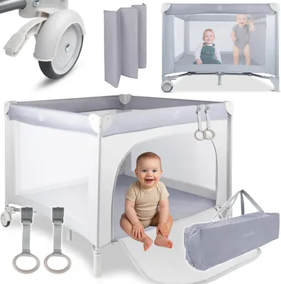 Zdjęcie produktu dla Malplay kojec dla dziecka łóżeczko turystyczne z torbą ZONI 100x100cm z kółkami szary szybkie rozkładanie do 15 kg