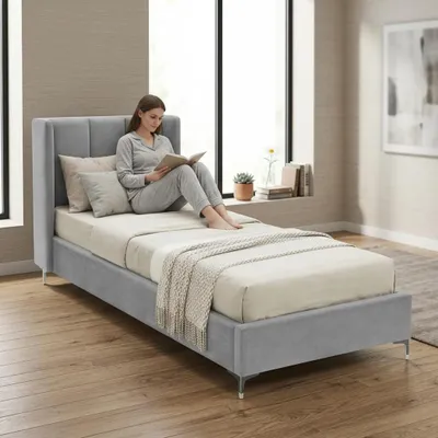 Obrázek produktu pro Šedá jednolůžková postel, rozměry 90 x 200 cm, rám z dřeva, potah z textilu