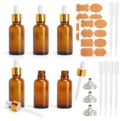 6er-Set Braunglas-Pipettenflaschen 30 ml mit Pipette & Etikett