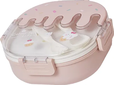 Obrázek produktu pro Bento Lunch Box pro děti dospělé 3 oddělení plastové roztomilé zmrzlina oběd svačina kontejnery s vidličkou a lžící pro školy práce cestování růžová