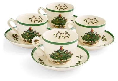 Produktbild von Teetasse und Untertasse im Weihnachtsbaumdesign, 4er-Set