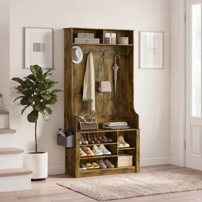Obrázek produktu pro BEALIFE Vestavěná skříň do předsíně FS29 se 4 háčky, lavičkou a policí na boty | 90 x 30 x 183 cm, ochrana proti převrácení | Do předsíně a chodby | Retro