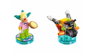 Two LEGO Dimensions toy tags, one of Krusty the Clown and the other of a motorcycle.