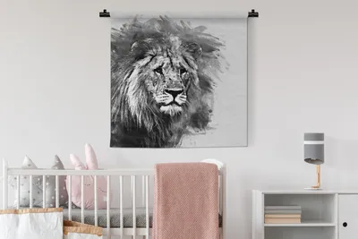 Produktbild von MuchoWow® Wandteppich Wandbehang Löwe - Schwarz - Weiß 90x90 cm Tapisserie Dekoration Wandtuch - Wandaufhänger