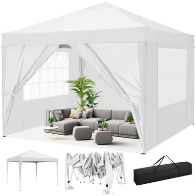 A white pop-up gazebo set up with outdoor furniture inside, shown with additional images of the gazebo in different states of assembly and a carrying bag.