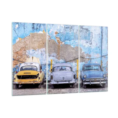 Produktbild von Bilder auf glas - 3 Teile - Havanna Oldtimer Autos - 105x70cm - Glasbilder - Wandbilder - Bilder - zum Aufhängen bereit - Wanddekoration aus Glas - Glas Bilder - Wandbild auf Glas - GCE105x70-4376