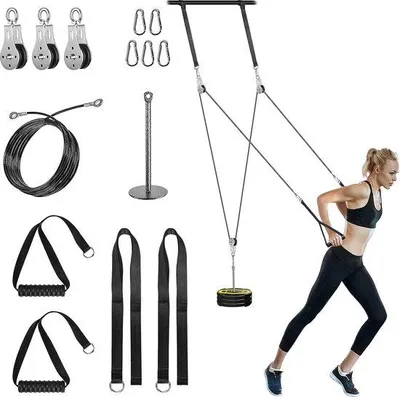 Image de Câble de traction Unyqoos® avec câble en acier – Système de poulies, poignées amovibles, charge maximale de 100 kg, compatible avec les racks de musculation et les barres de traction