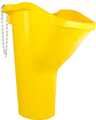 A bright yellow plastic debris chute with a metal chain attached to the top rim, isolated on a white background.