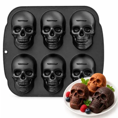 Produktbild von Totenkopf Backform, Silikonform mit 6 Schädel-Mulden, -20 bis 220 °C, für Schokolade, Kuchen, Mousse und Halloween-Desserts