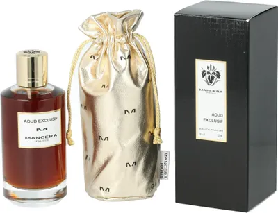 A perfume bottle, a drawstring pouch, and a perfume box are displayed against a white background.