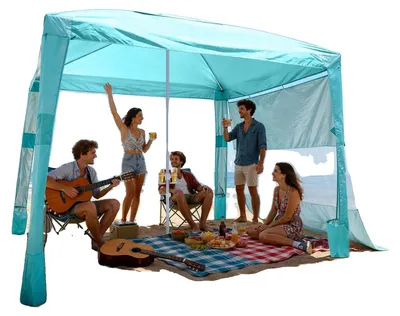Produktbild von VEVOR Strandcabanas, 2,4 x 2,4 m Strandüberdachung mit Seitenwand, UPF 50+ Schutz, einfach aufzubauendes Cabanazelt mit Sandtaschen, höhenverstellbarer tragbarer Schatten-Sonnenschutzschirm für die Familie, marineblau gestreift, 240x240 cm-a, Hellgrün