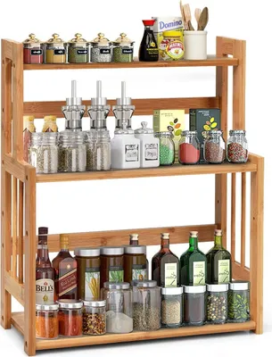 Produktbild von Gewürzregal mit 3 Etagen aus Bambus,Gewürzstaender, Küchenregal für Gewürze, Gewürzhalter mit Verstellbarer Ablage, Arbeitsplatte Organizer, Standregal für Küche, Bad, Schreibtisch