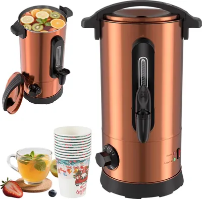 Produktbild von Faziango Glühweinkessel 10L Edelstahl Inkl. 10x Becher Glühweinkocher mit Thermostat Glühweinautomat Wasserkocher Heißwasserspender Einkochautomat Füllstandanzeige bronzefarben