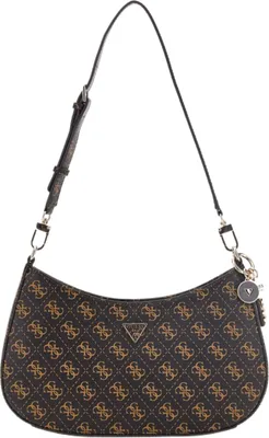A brown GUESS shoulder bag with a repeating logo pattern and gold-toned hardware.