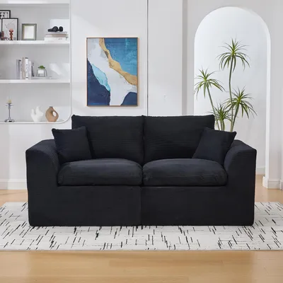 Produktbild von Modernes 2-Sitzer Cord Sofa mit Kissen – Hochelastischer Schaum & Federkern, kein Aufbau, bequem für Wohnzimmer & Schlafzimme