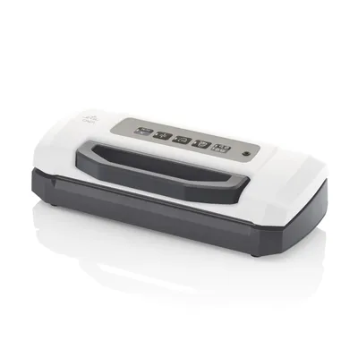 A white and gray vacuum sealer is shown on a white background.