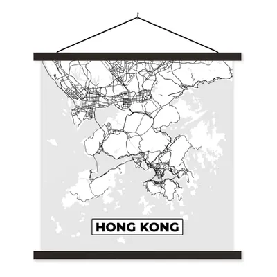 Produktbild von MuchoWow® Textilposter Hongkong - Stadtplan - Schwarz und weiß - Karte 40x40 cm mit schwarzem Rahmen - Fotos
