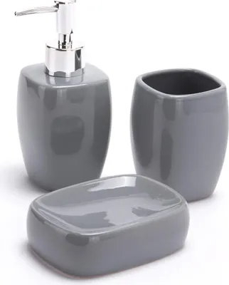 Produktbild von MSV Bad Accessoires Keramik 3-teilig - Seifenspender, Seifenschale, Zahnputzbecher Grau
