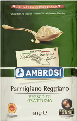 A package of grated Parmigiano Reggiano cheese.