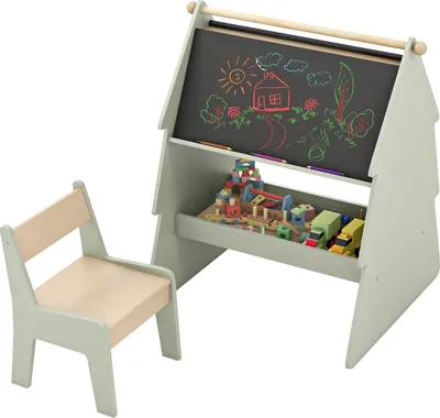 Produktbild von DREAMADE 2-in-1 Kinder Kunststaffelei mit Hocker, Doppelseitige Kindertafel mit Papierrolle & Ablagefläche