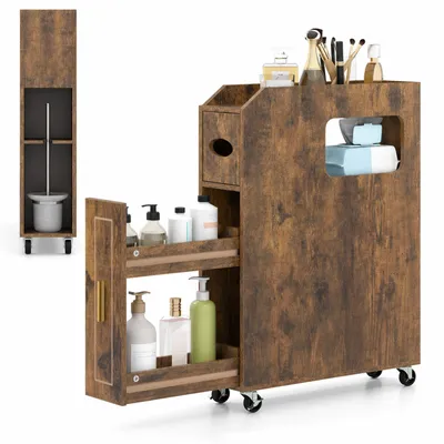 Produktbild von COSTWAY Badezimmerschrank schmal, Badschrank, Nischenschrank mit Fach, Box & 2 Schubladen, Toilettenschrank mit 4 Rollen für Badezimmer, Braun