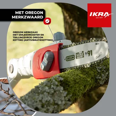 Productafbeelding van IKRA Accu-telescoop snoeizaag met lange steel, model ICPS 2020 | 20V | OREGON zaagblad | Werkhoogte tot 4 meter | slechts 3,7 kg | inclusief accu, oplader en reservezaagblad