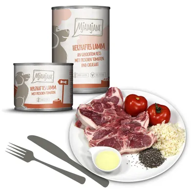 Produktbild von MjAMjAM herzhaftes Lamm an gekochtem Reis mit frischen Tomaten, Adult, jede Rasse, Lamm, Tomate, 200 g, Zuckerfrei