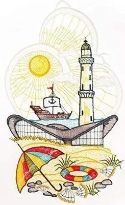 Produktbild von Fensterbild "Urlaubsidylle" farbig, 18 x 31 cm, Original Plauener Spitze