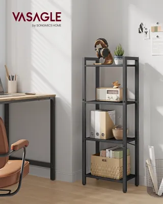 A shelving unit and desk in a home office setting.