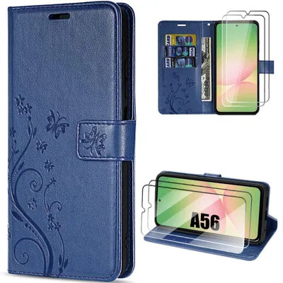 Image de Coque + 2 Verres Trempés pour Samsung Galaxy A56 5G, Protection Synthécuir Antichoc Motif Papillon Fleurs Bleu Marine