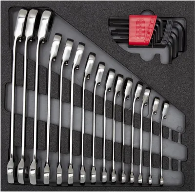 A set of wrenches and hex keys neatly organized in a foam insert within a toolbox or case.