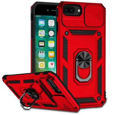 Obrázek produktu pro Pouzdro pro iPhone 8 Plus/7 Plus/6 Plus/6s Plus dvouvrstvé pouzdro s posuvným krytem kamery a prstencovým stojánkem červené