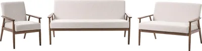 Produktbild von BELIANI 6-Sitzer Sofa Set Beige u. Dunkelbraun Stoffbezug Gepolstert mit Holz Armlehnen Retro Stil Sitzgarnitur Couchgarnitur Sitzgruppe 3-Teilig 3+2+1