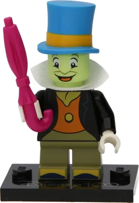 A LEGO minifigure of Jiminy Cricket standing on a black display base.