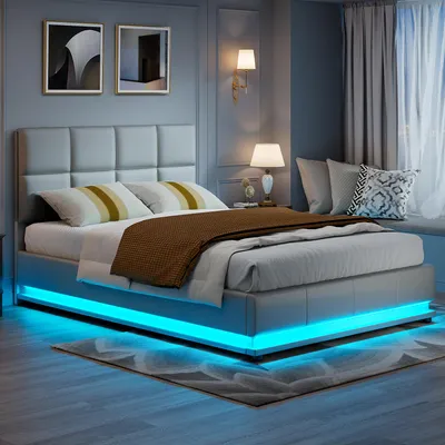 Image de Lit coffre hydraulique LED 140x200 cm en similicuir gris avec télécommande – Lit moderne avec rangement, structure métallique robuste, facile à monter