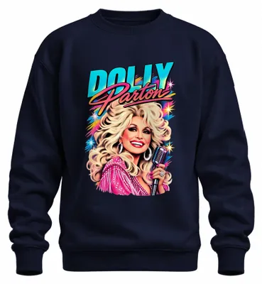 Zdjęcie produktu dla Bluza z kapturem w stylu retro, przedstawiająca Dolly Parton, legendę country, ikonę muzyki z lat 80., kolor granatowy, rozmiar S