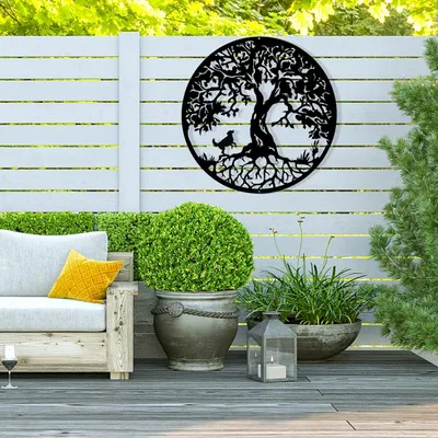 Produktbild von 50 cm Lebensbaum mit Hunden, Wanddekoration aus schwarzem Metall, moderne Wanddekoration für drinnen und draußen, Garten, Wohndekoration (40 cm)